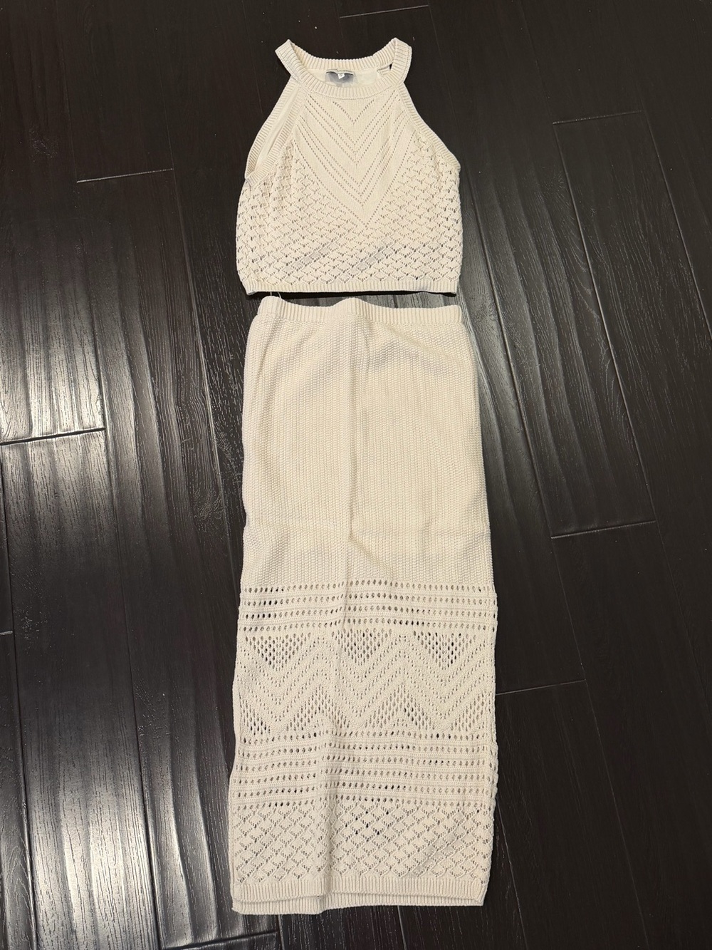 Cream Knit Halter Crop Top and Skirt Set - Women Accessories